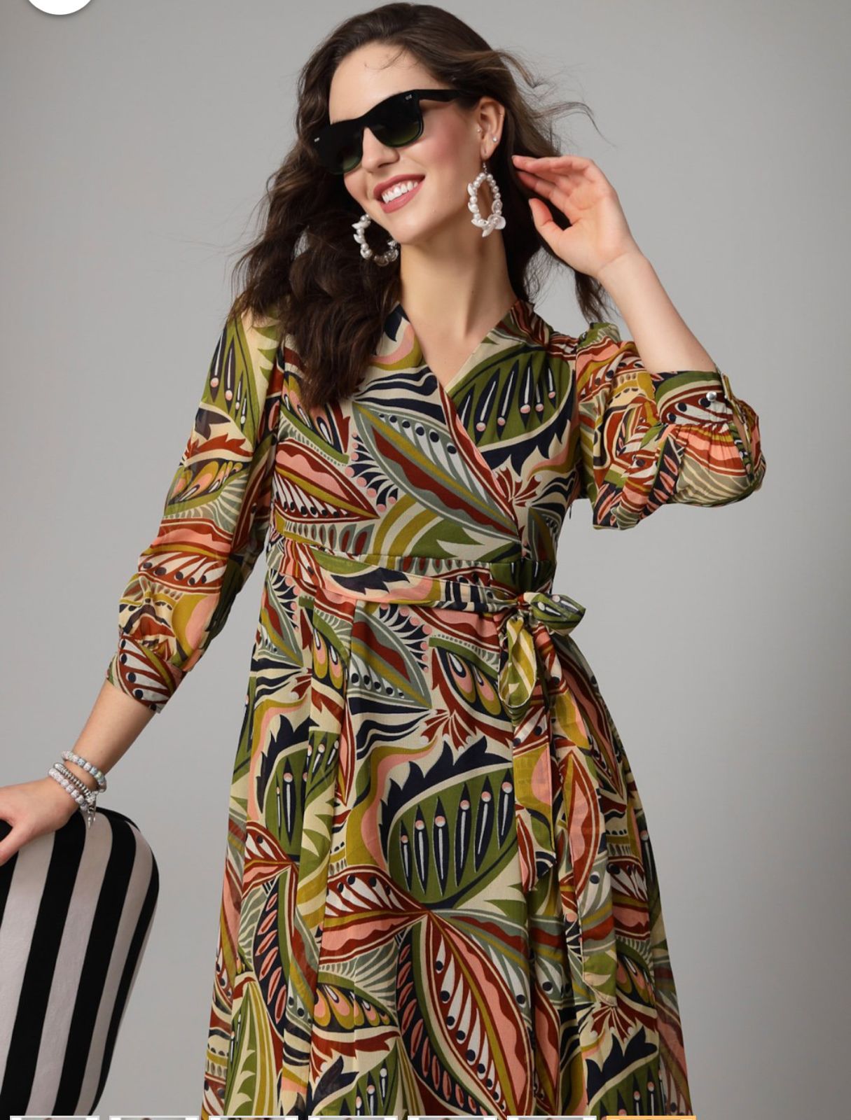 Multi-Color Cotton Midi Dress for Women | With Sleeves & Pocket