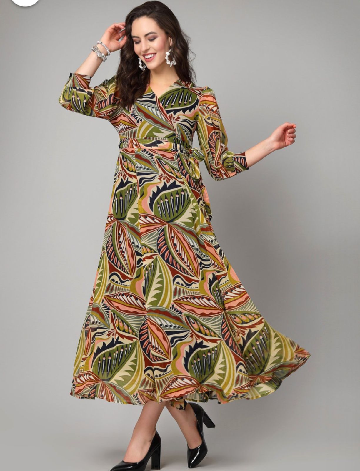 Multi-Color Cotton Midi Dress for Women | With Sleeves & Pocket