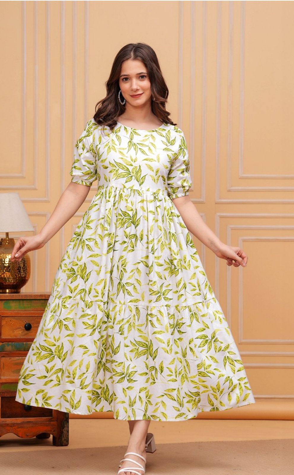 Women reyon Floral Print Shirt Neck Fit & Flare Tired Midi Dress