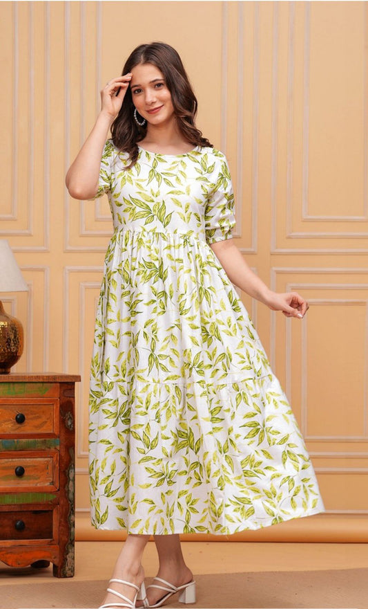 Women reyon Floral Print Shirt Neck Fit & Flare Tired Midi Dress